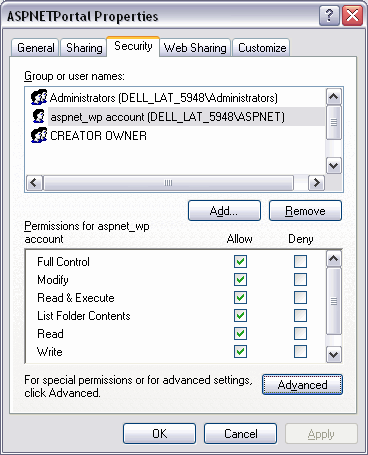 Image showing the security settings for the root folder of the website must be set to Read, Write and Change Control for the ASPNET or NT AUTHORITY/NETWORK SERVICE accounts.